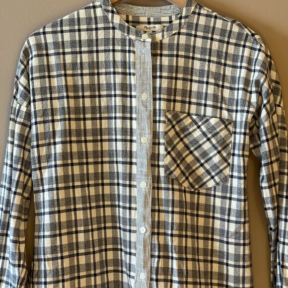 Women's S Madewell Dossier Plaid Collarless Button Down Blue Striped Trim - Picture 4 of 8